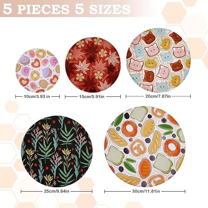 5-Size Reusable Beeswax Bowl Covers for Bread Proofing, Cotton Cloth Flexible Beeswax Wraps for Food Storage(Maple Leaves)