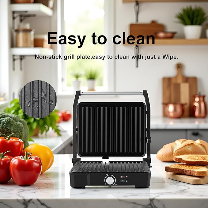 Panini Press,Sandwich Press Grill,180 Degree Open,Perfect for Grilling Sandwich,Steak,Burger,Non-Stick Grill,Table Grill,Stainless Steel,Temperature Adjustable,4 Slice,Barbecue,GT49A