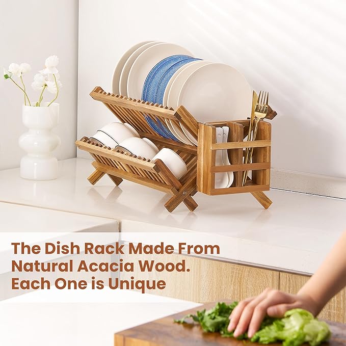 NOVAYEAH Acacia Wooden Dish Drying Rack for Kitchen Counter 2-Tier Collapsible Bmaboo Dish Drying Rack with Utensil Holder-Large Folding Dish Drainer Rack with Flatware Holder 34 pcs Grid
