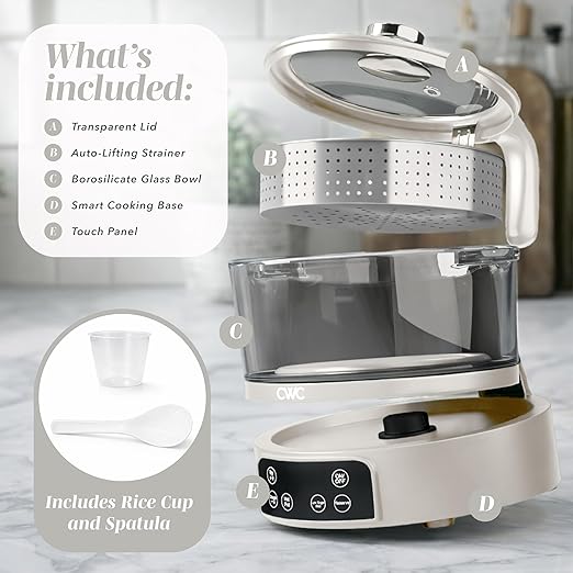 COOK WITH COLOR 3L Glass Mini Low Carb Rice Cooker – Holds 2 Cups Raw/Makes 6 Cups Cooked with Auto Lift Filter Basket, Hotpot & Steamer for Rice, Grains, Digital Panel with Keep Warm, Cream