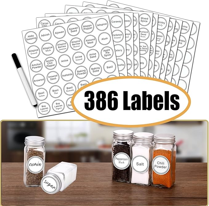 SWOMMOLY 48 Glass Spice Jars with 806 White Spice Labels, Chalk Marker and Funnel Complete Set. Empty Square Spice Bottles 4 oz, Spice Containers with Pour/sift Shaker Lid, Airtight Cap