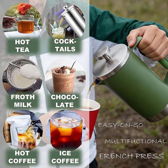 Stainless Steel French Press Coffee Maker 21OZ, 600ml Coffee Press Tea Press for Personal, Office, Travel,Camping (Green, 1-3 Cups)