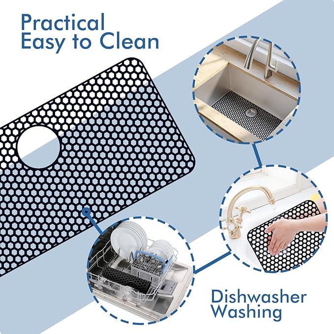 Bestjing Silicone Sink Protectors for Kitchen Sink with Rear Drain - 28.3"x 15.7" Kitchen Protector Accessory, Non-Slip Heat Resistan Mat for Bottom of Farmhouse Stainless Steel (Rear Hole, Black)