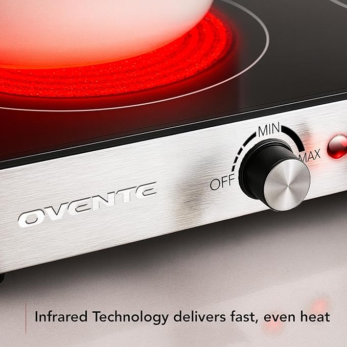 OVENTE Infrared Ceramic Double Burner, 1800W Electric Countertop Hot Plate with Black Crystalline Glass, Portable Stainless Steel Cooktop for Home, Office, or Dorm Use, Black BGI302GB