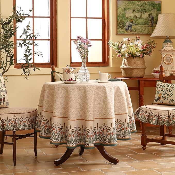 patdrea Designer Linen Vintage Tablecloth for Round Table,Anti-Wrinkle Durable Breathable French Table Cloth,Dacorative for Kitchen Dining,Party,Christmas,Thanksgiving,Diameter 55"-Cudillero