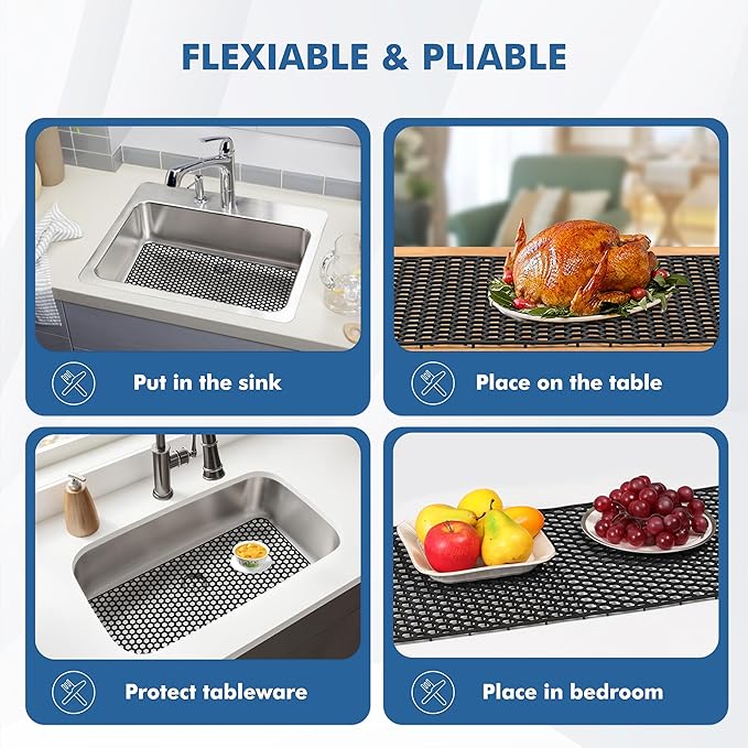Bestjing Silicone Sink Protectors for Kitchen Sink - 28.4"x 14.3" Kitchen Protector Accessory, Non-Slip Heat Resistan Mat for Bottom of Farmhouse Stainless Steel Porcelain, Black