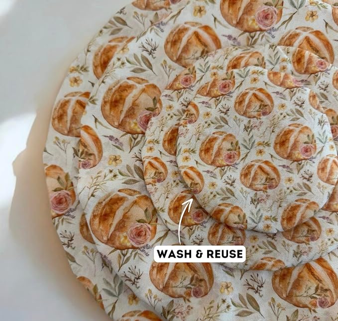 (4-Pack) Sourdough Reuseable Jar & Bowl Covers | Cute Baking Gift | 100% Cotton | Washable | Bread Proofing | Kitchen Food Storage Gifting | Starter Cover Lid Kit (Vintage Sourdough)