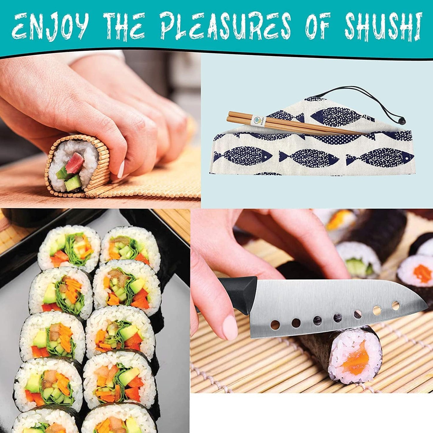 Sushi Making Kit, 22 in 1 Sushi Roller Sushi Maker Kit with Bamboo Sushi Rolling Mats, Bazooka, Chef's Knife, Chopsticks, Sauce Dishes, Rice Spreader, Avocado Slicer, Guide Book