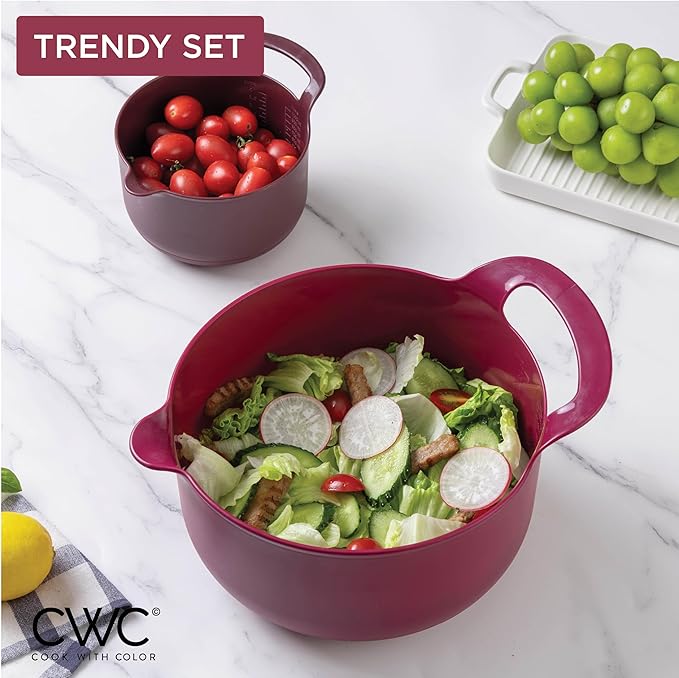 COOK WITH COLOR Nesting Plastic Mixing Bowl Set with Pour Spouts and Handles, Rose, 6 Piece Non-Slip
