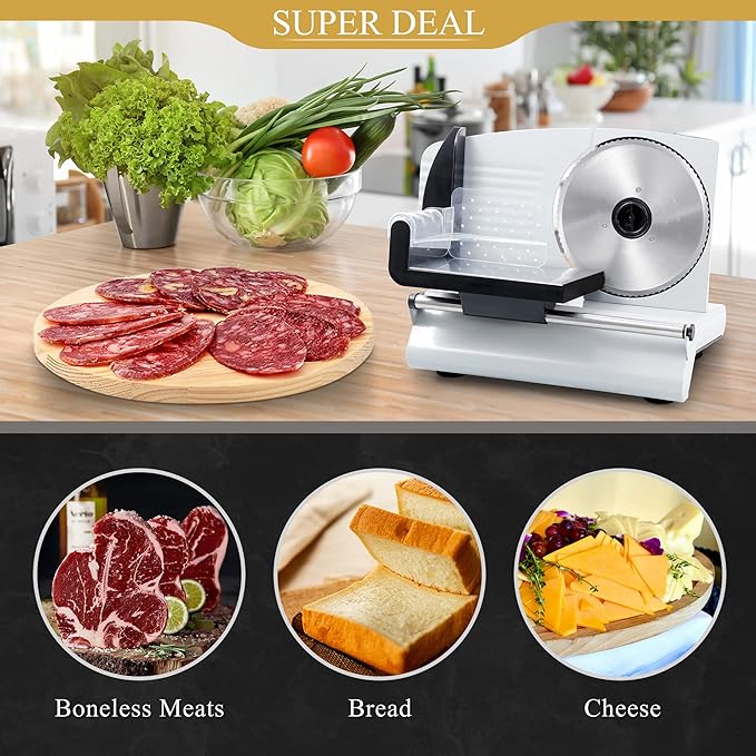 SUPER DEAL Premium Electric Food Meat Slicer - 7.5inch Stainless Steel Blade Home Kitchen Deli Meat Food Vegetable Cheese Cutter - Thickness Adjustable - Spacious Sliding Carriage - Easy to Clean
