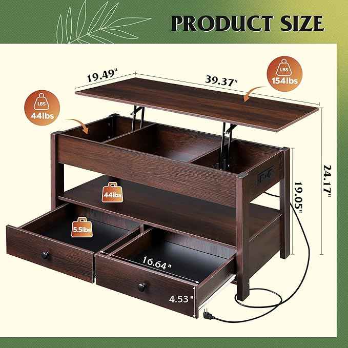 WLIVE Coffee Table, Lift Top Coffee Table with Drawers, LED Light, Large Storage and Open Shelf, Lift Tabletop for Living Room, Espresso