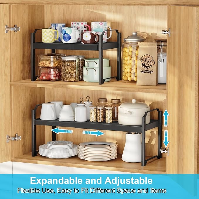 X-cosrack 2 Pack Expandable Kitchen Cabinet Shelf Organizer, Stackable Adjustable Storage Shelves for Pantry Cupboard Kitchen Counter, 20LBS Loading Capacity, Size: W*D*H=20.5 * 8.26" * 8.72"