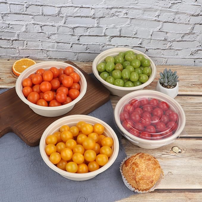 30 oz Disposable salad bowls with lids, Sugarcane Fiber Paper Bowls take away food containers Plant Fibers Freezer Safe 50 Pack