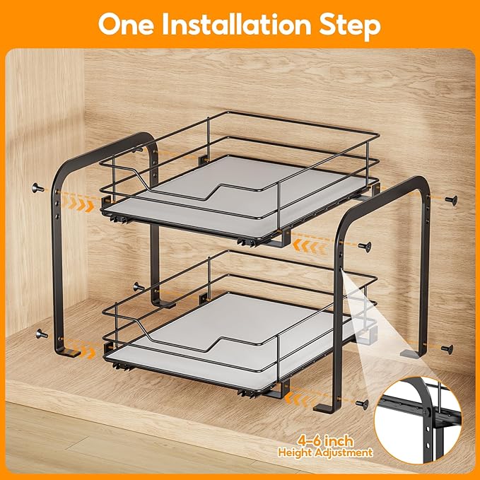Spice Rack Organizer for Cabinet, 2 Tier Pull Out Spice Rack – Heavy Duty Metal Spice Organization for Cabinet, 50-Jar Capacity, Height Adjustable Cabinet Organizer (11.5W" X 10.5"D X 9"H, Black)