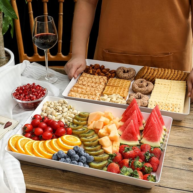 4-Pack Plastic 16" x 11" Large White Serving Trays Set - Reusable Serving Platters for Cookie, Appetizer, Charcuterie, Snack, Dessert, Party Food Display - Stackable Kitchen CounterTop Tray, BPA Free