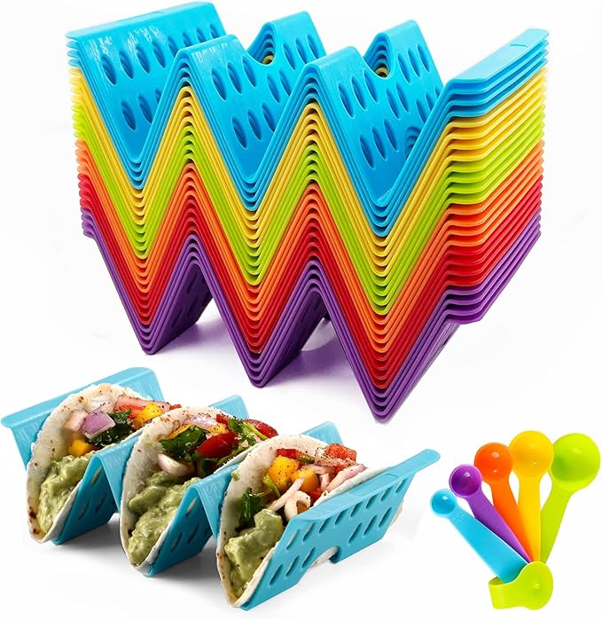 24PCS Colorful Disposable Taco Holders for Party, Plastic Bulk Taco Stand, Large Taco Tray Plates, Taco Tuesday Lazy Susan Taco Bar, Fiesta Taco Plate Server for Party, Dishwasher Microwave Safe