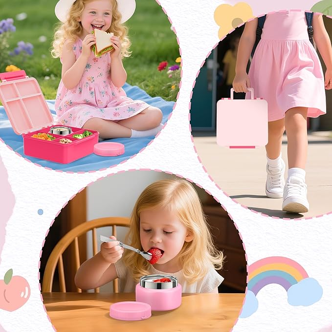 Kids Bento Lunch Box with 8oz Soup Thermo, Kids Leakproof Lunch Food Containers with 4 Compartment,Insulated Hot Food Jar with Lunch Bag for School, Travel (Pink-No lunch bag)