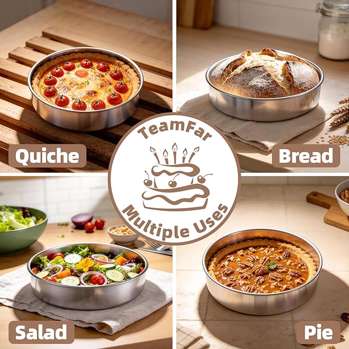 TeamFar 8 Inch Cake Pan Set of 2, Stainless Steel Layer Cake Baking Pans Tins with 90 Pcs Parchment Paper, Round Bakeware for Birthday Wedding, Non-Toxic & Healthy, Mirror Finish & Dishwasher Safe