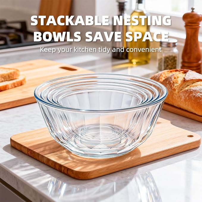 Luvan 5-Piece Glass Mixing Bowls Set with Lids - Clear Salad Bowls with Lids Set, Diamond Pattern Large Glass Mixing Bowl for Baking Prep, Serving & Storage