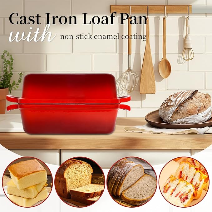 FUNKYLEE Enameled Cast Iron Bread Pan with Lid, 2-in-1 Loaf Pan for Baking Bread 8.5x4.5, Professional Sourdough Bread Pan for Homemade Bread, Set of 2, Red