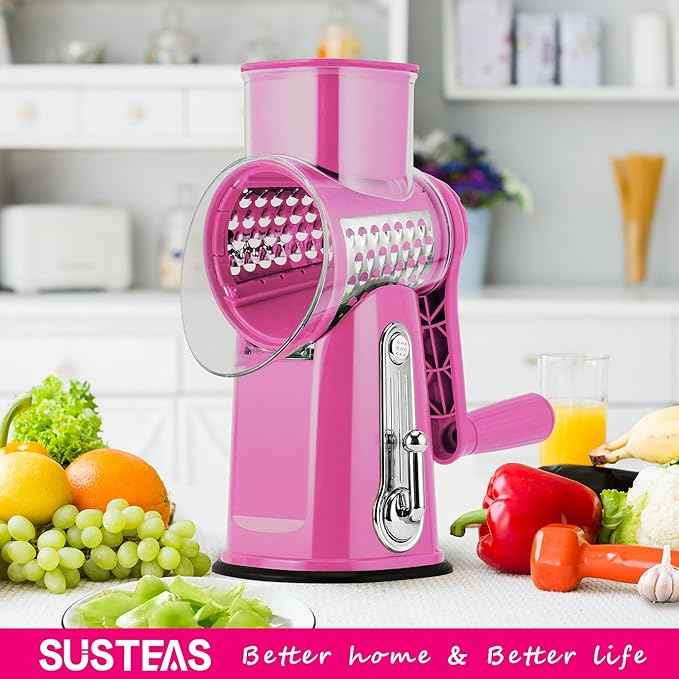 SUSTEAS Rotary Cheese Grater with Handle - Vegetable Shredder with 5 Well-designed Blades & Strong Suction Base,Round Mandoline Slicer & Food Chopper for Kitchen,with Blade Storage Box(Pink)