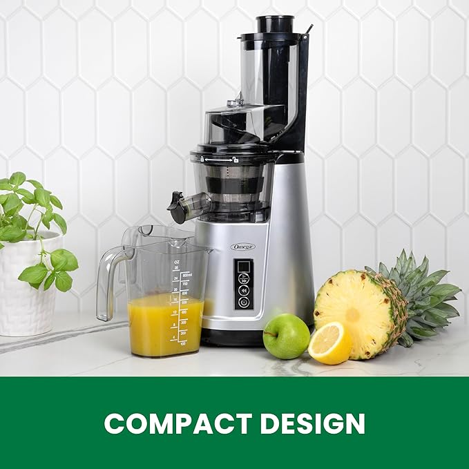 Omega Wide Mouth Juicer Compact Vertical Cold Press Vegetable and Fruit Juice Extractor with 3-Inch Hopper 2-Speed Slow Juicing with Space Saving Design, 120-Watts, Black