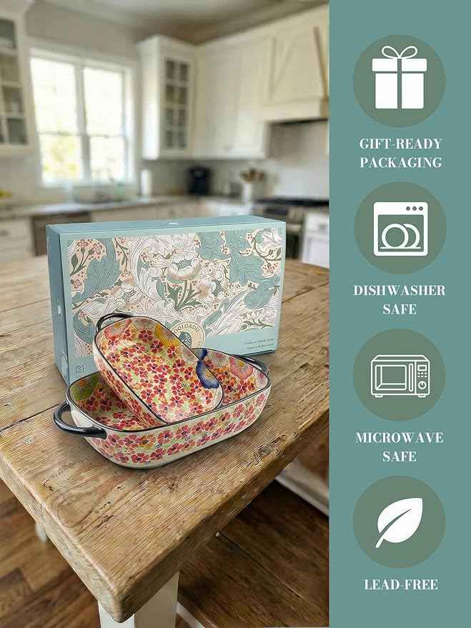 Polish Pottery Style Ceramic Baking Dish Set, 2-Piece Casserole Bakers for 2–3 People, Floral Decorative Bakeware, Oven Safe Lasagna Pan, Microwave Dishwasher Safe, Gift-Ready, Protective Packaging
