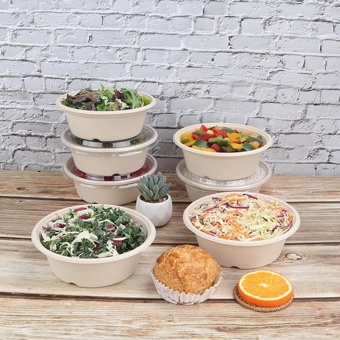 30 oz Disposable salad bowls with lids, Sugarcane Fiber Paper Bowls take away food containers Plant Fibers Freezer Safe 50 Pack