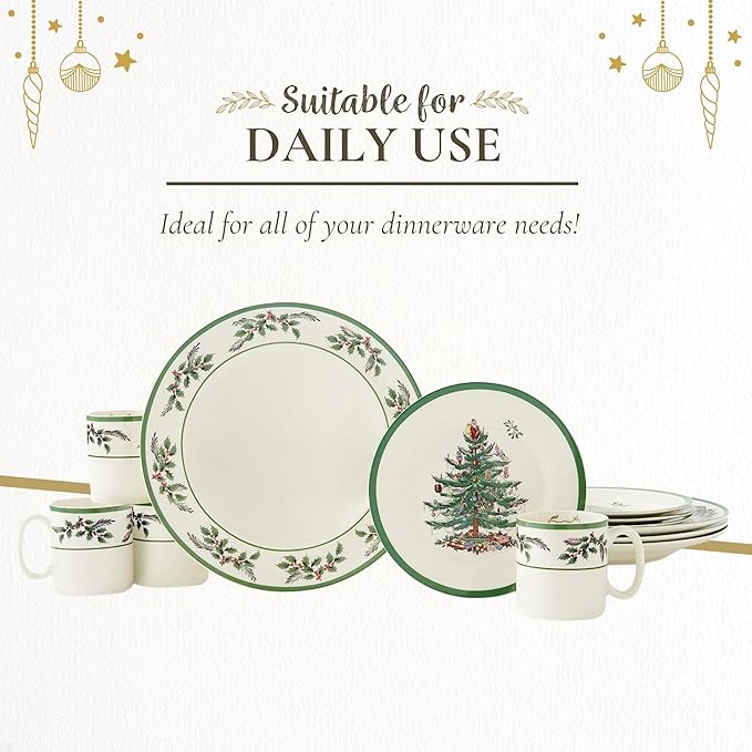 Spode Christmas Tree 12-Piece Dinnerware Set (Service for 4) - Festive Holiday Tableware with Plates & Mugs - Fine Earthenware Christmas Dinnerware - Microwave & Dishwasher Safe