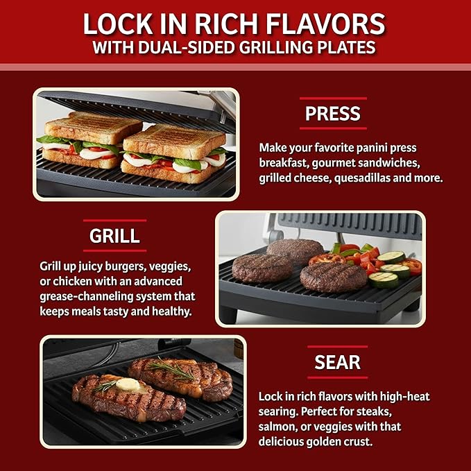 Panini Press Gourmet Grilled Cheese and Sandwich Maker - Electric Indoor Grill with Drip Tray for Healthy Cooking Options (Silver)
