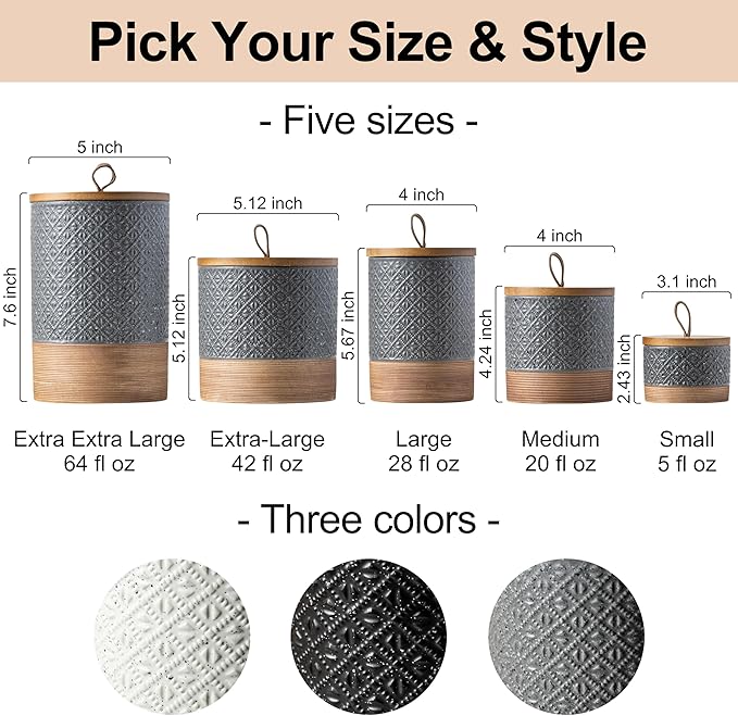 Miamolo Small Ceramic Jar with Lid, Coffee Container Kitchen Food Storage Jars for Sugar Tea Bag, Stackable Decorative Spice Jars for Countertop Coffee Bar Accessories- Gray & 5 fl.oz