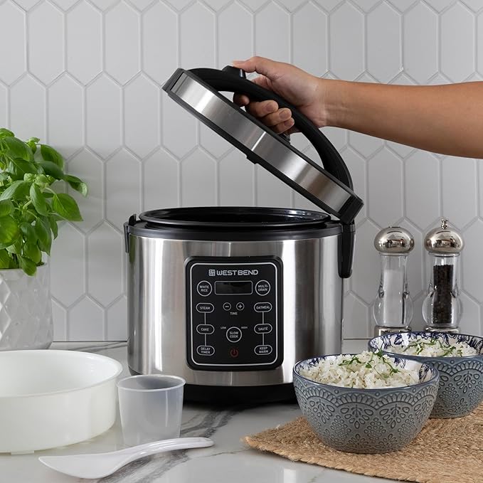 West Bend Rice & Grain Multi Cooker Programmable with 9 Preset Functions, Features Delay Start and Keep Warm Functions and Steam Basket, 20 Cups Cooked (10 cups uncooked), Stainless Steel