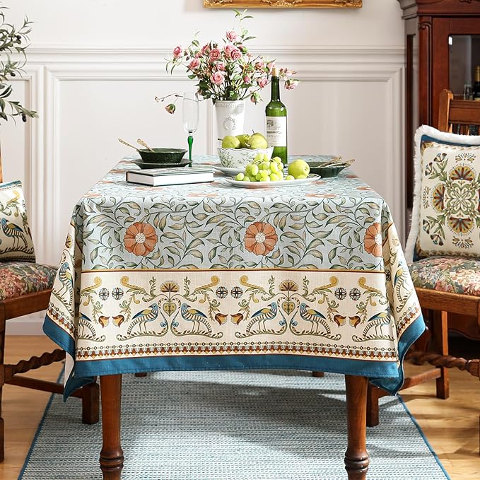 patdrea Designer French Linen Blue Tablecloth for Rectangle Table,Vintage Floral Table Cloth,Colorful Decoration Fall Cover Kitchen Dining for Thanksgiving,Tea Party,Christmas,55"x87"-Wensel