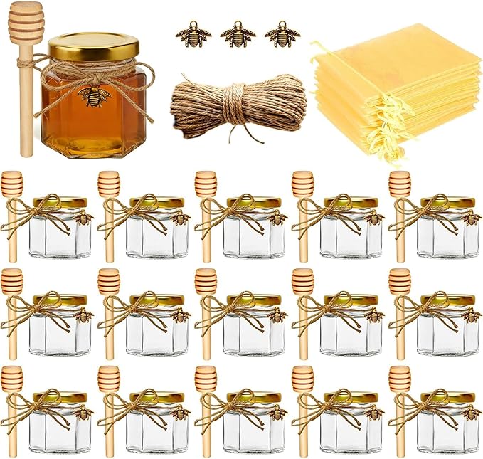 Adabocute Honey Pot 2oz, Mini Glass Honey Jars with Wood Dipper, Gold Lid, Bee Pendants, Beige Gift Bags, Thank-you Tags, Ideal for Baby Showers Favors Wedding Favors, 15 Pack