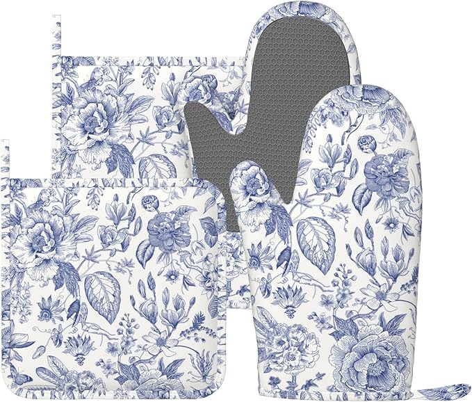 Vintage Flower Blue and White Leaves Oven Mitts and Pot Holders Sets of 4, Heat Resistant Silicone Oven Mittens and Potholders Gloves Hot Pads for Kitchen Cooking Baking Grilling BBQ Chef