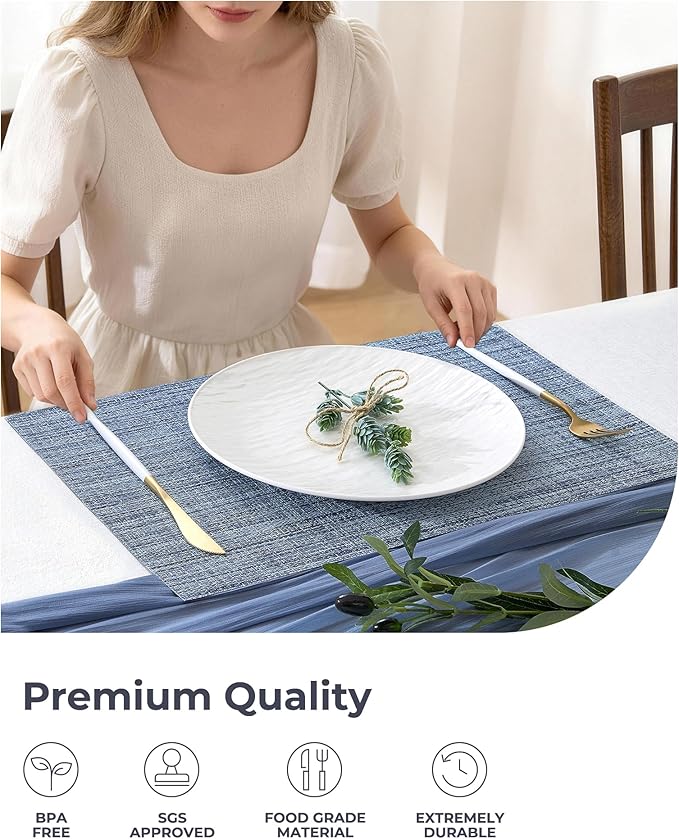 Leetaltree Deep Navy Woven Placemats Set of 4 - Heat Resistant Non-Slip Place mats for Dining Table, Washable Durable PVC Vinyl Woven Table Mats(Deep Navy, 4)