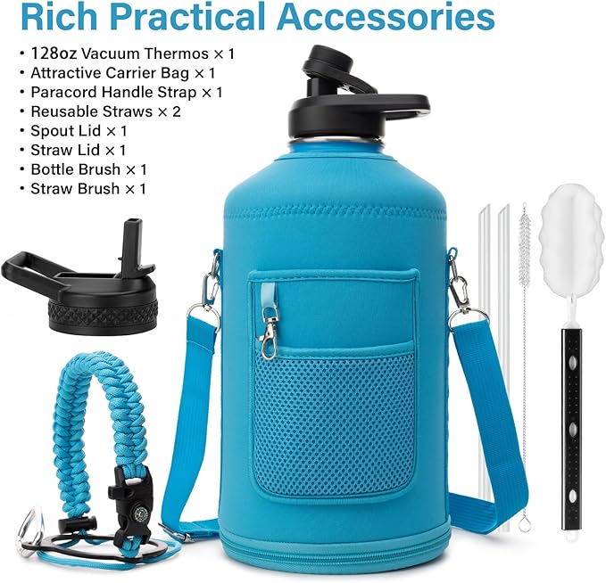 DYSANKY 1 Gallon Water Bottle Insulated | Thickened Stainless Steel Vacuum Metal Water Jug | Portable Sports Large for Gym and Hiking with Straw, Carrier Bag, Handle Strap | BPA-Free 128 oz