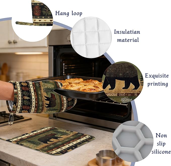 Oven Mitts and Pot Holders Sets Rustic Bear Silicone Kitchen Mits Potholders Cabin Forest Mountain Heat Resistant 4Pcs Oven Gloves Hot Pads for Baking Cooking BBQ Grilling Home Decor