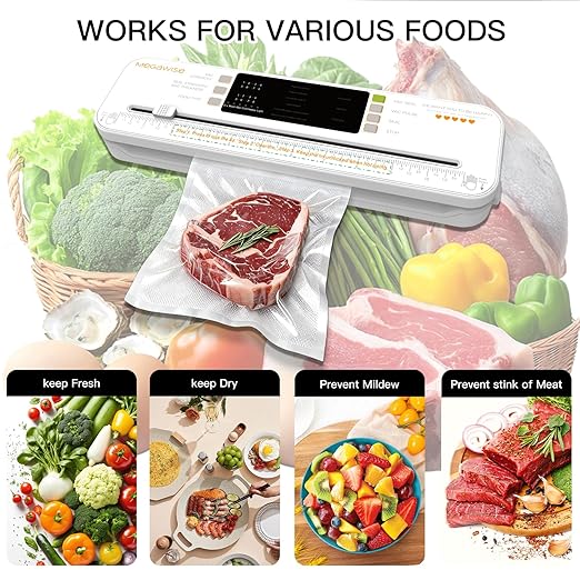 MEGAWISE Food Vacuum Sealer for Food Preservation, Freezer Storage & Meal Prep, Dry & Moist Modes, Built-in Cutter Compact, White