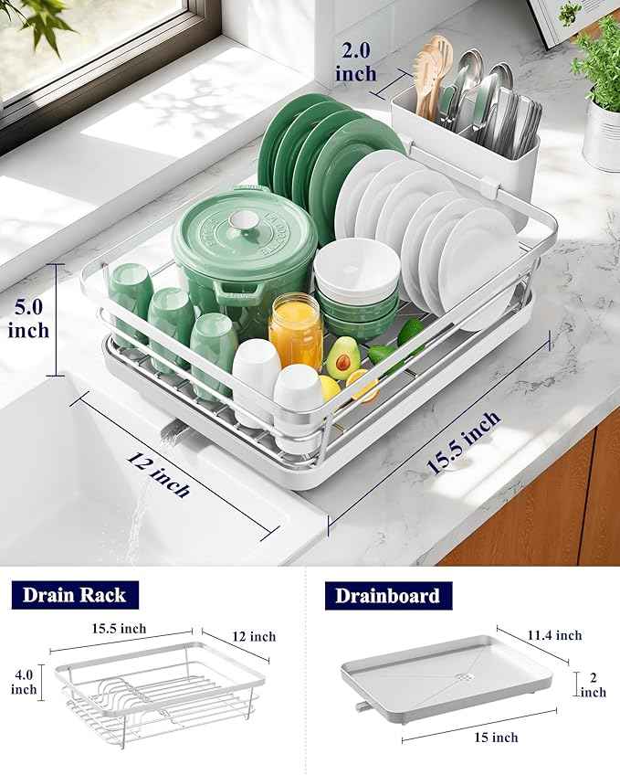 Kitsure Dish Drying Rack for Kitchen Counter, Stainless Steel Sink Organization and Storage Essentials with Cutlery Holder, Home and Appartment Decor, 12''W x 15.5''L, Silver Grey