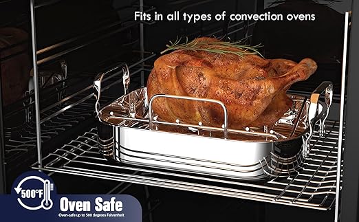 Cooks Standard Stainless Steel Roaster Pan with V-Shaped Rack, Inner 16-Inch x 13-Inch; Edge 17-Inch x 14-Inch; Turkey Roasting Pan Bakeware for Oven, Rectangular