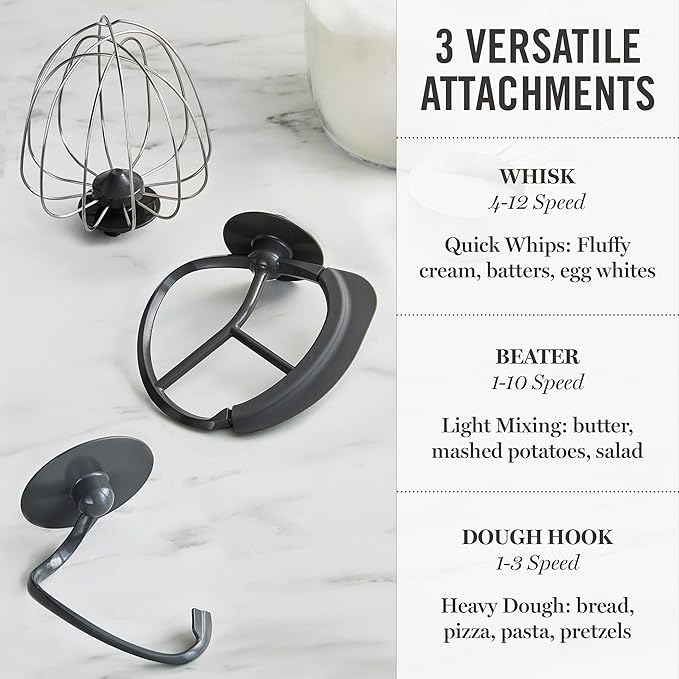 Martha Stewart  Tilt-Head Stand Mixer, 12 Speed, 5.3QT Stainless Steel Bowl, Splash Guard with Pour Chute, Whisk, Dough Hook, Flat Beater, Electric Kitchen Baking Mixer, Bread, Cake, Whip, Linen White