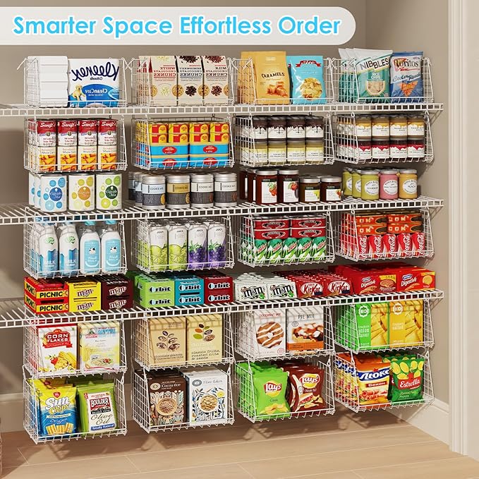 Jsskeeim 3-Pack Under Shelf Hanging Baskets with 360° Rotating Hooks - Space Saving Pantry Shelf Organizer for Kitchen Storage, Foldable Small Space Solutions for Pantry Organization, White