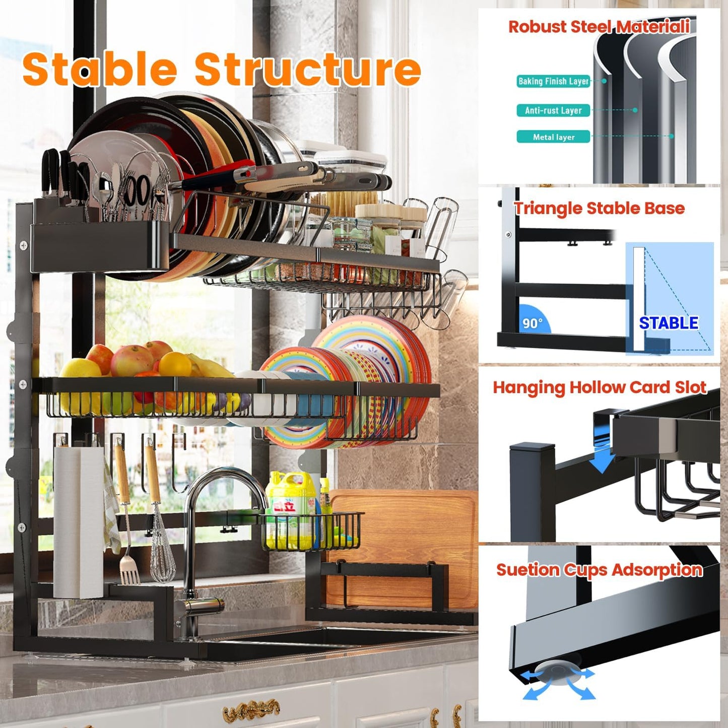ADBIU Over Sink Dish Drying Rack (Expandable Height/Length) Snap-On Design Large Dish Drainer Storage Counter Organizer 32-40L x 12W x 34-38H (inches)