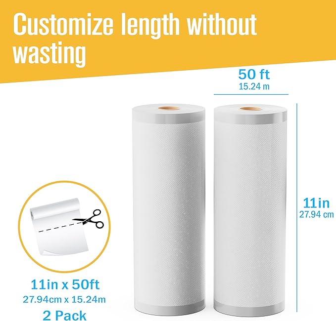 Houseables Vacuum Sealer Bags for Food, Vacuum Seal Bags, Food Saver Rolls 11 Inch, 50FT, 2 Pack, Large, Sealer Rolls, Sous Vide, Vac Airtight Storage, Vaccum Sealed, Store a Meal, Microwave & Freezer