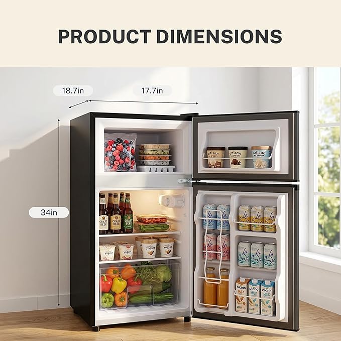 3.2 Cu.Ft Mini Fridge with Freezer, 2 Door Small Refrigerator with Adjustable Thermostat Energy-efficient Low Noise, Compact Fridge for Bedroom, Office, Dorm, Silver