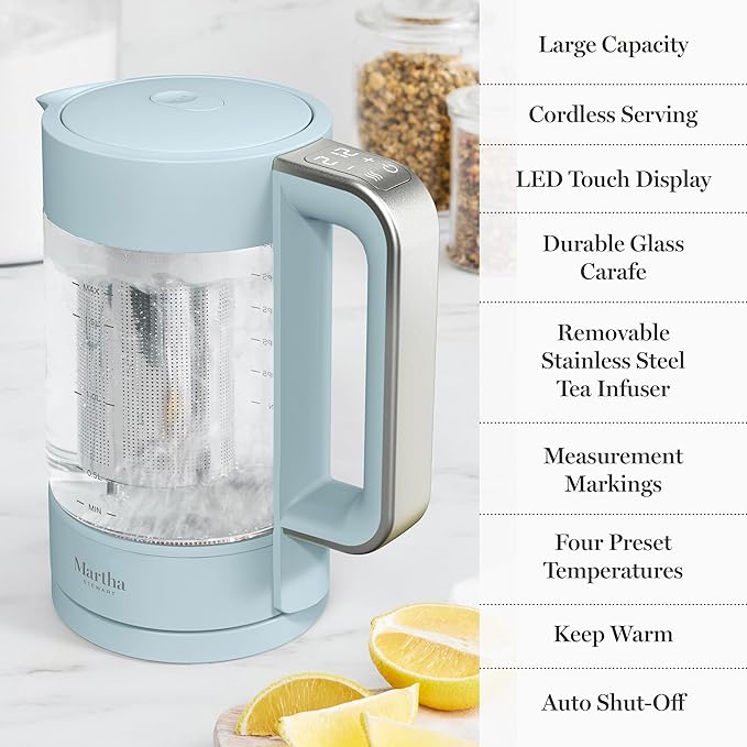 Martha Stewart Electric Kettle with Removable Stainless Steel Tea Infuser, Glass Carafe 1.7L (7 Cups), Hot Water Boiler, 4 Presets, Keep Warm & Auto Shut-Off, Cordless 360° Swivel Base, Sky Blue