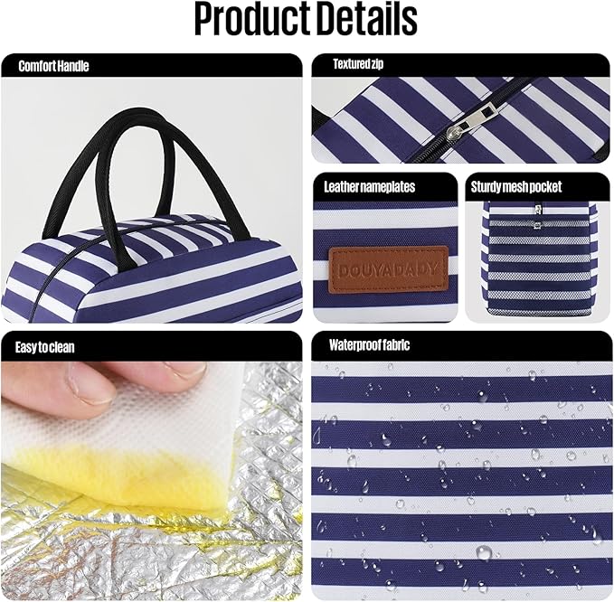douyadady Lunch Bag Women/Men Lunch Box Women/Men (Dark blue+White Stripes)