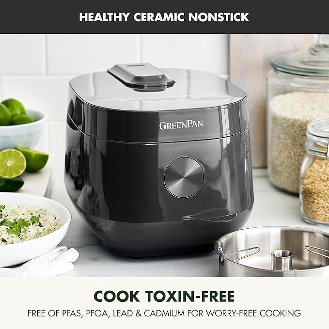 GreenPan Rice Cooker, 8 Cups Cooked (4 Uncooked), Low-Carb & Soup Mode,10 ONE-TOUCH Cooking Presets, PFAS-Free Ceramic Steamer Basket, Fuzzy Logic, Auto Keep Warm, Oats, 24HR Delay Timer, Graphite