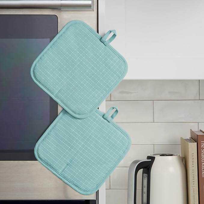 KITCHENAID Gourmet Series Gridlines Pot Holders 2-Pack Set, Heat Resistant up to 600°F, Soft Silicone Grip, Magnetic Cuff, Mineral Water Aqua, 8"x8"